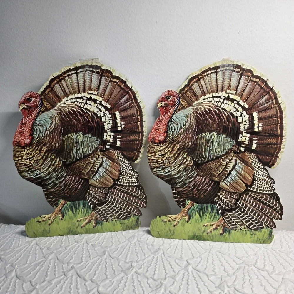 Vtg Eureka Thanksgiving Turkey Die Cut Paper Cutout‎ Wall Decor Window Lot of 2